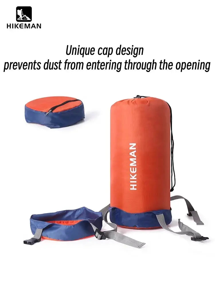 Sleeping bag compression storage bag, orange with blue base, HIKEMAN, portable waterproof, ultra-light.