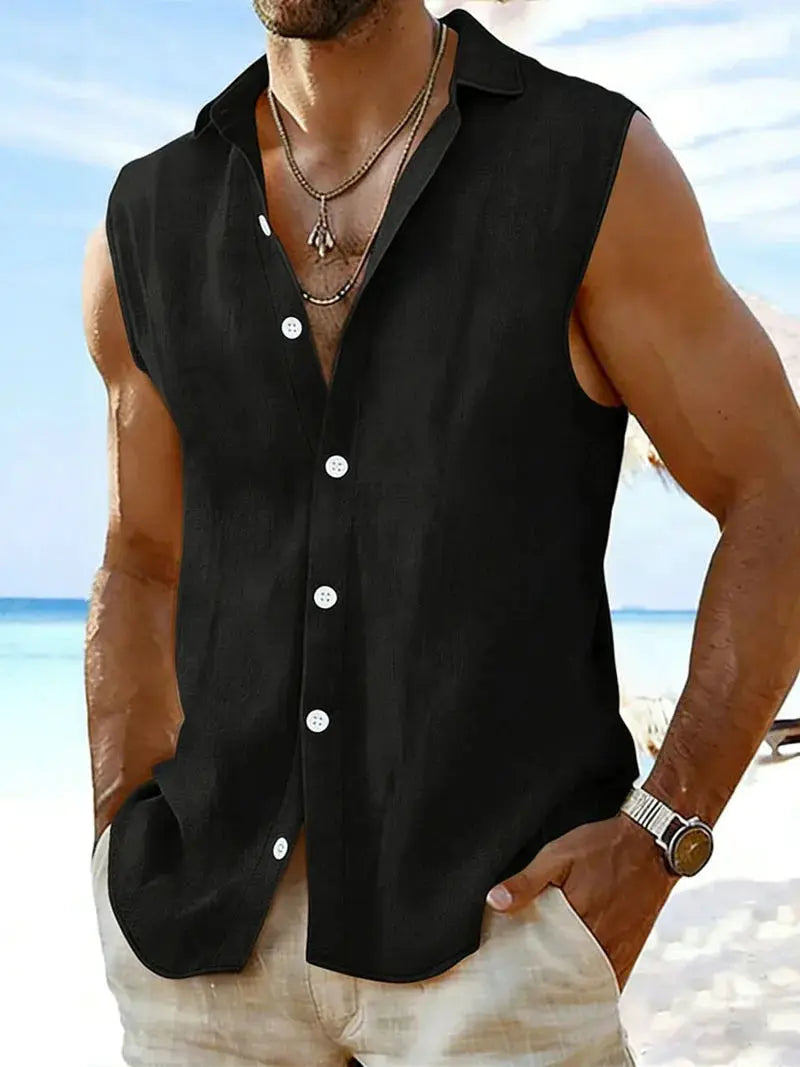 Men's sleeveless cotton-linen shirt in black with turn-down collar, regular-fit button-up front.