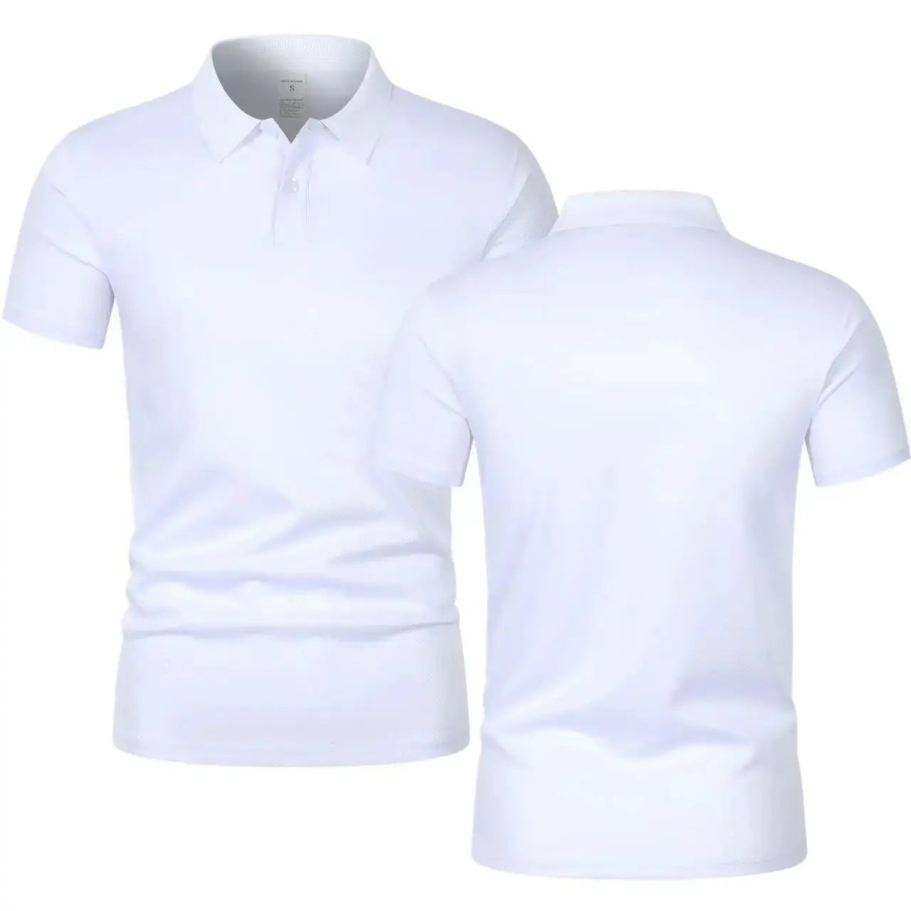 Two white men's polo shirts with collars, short sleeves, solid color by Simples Market