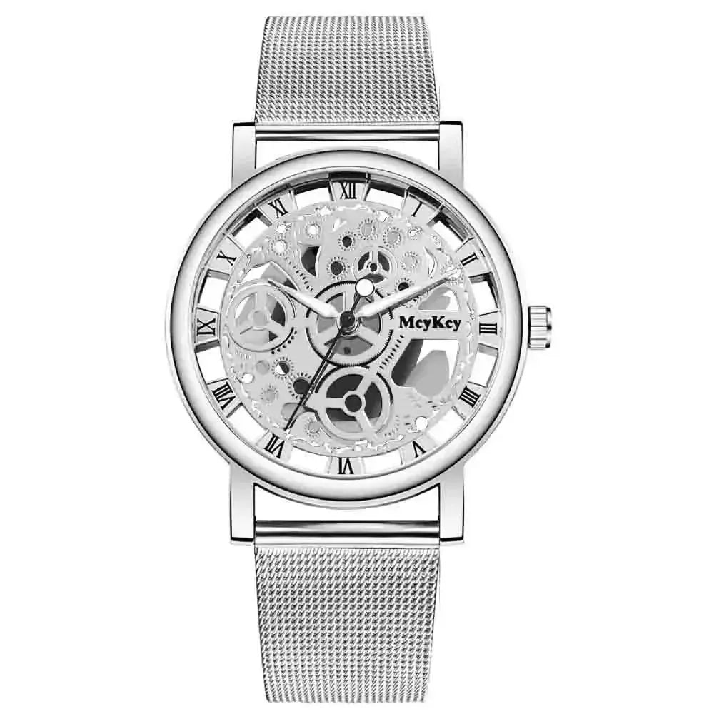 Women’s hollow skeleton watch by McyKey with silver metal mesh band