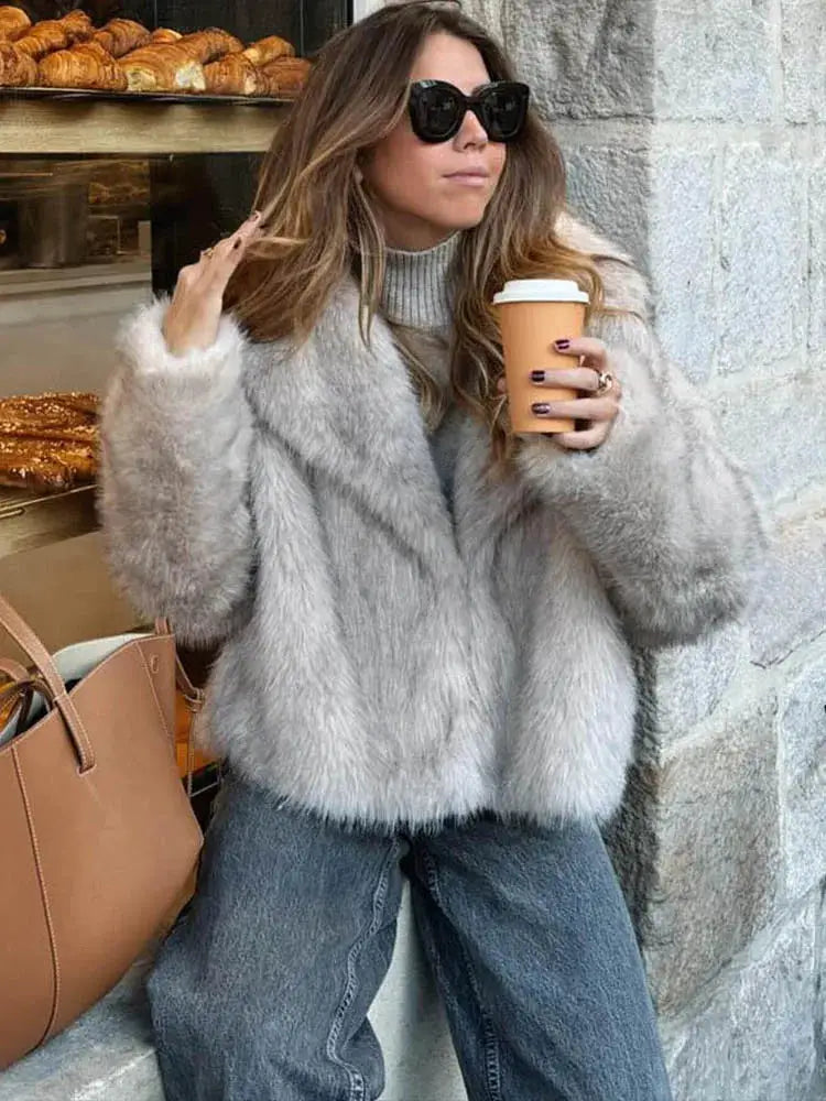 HH Women Fashion Cropped Faux Fur Jacket Coat Long Sleeve Front Snap Button Closure Lapel Collar Thick Outerwear Chic