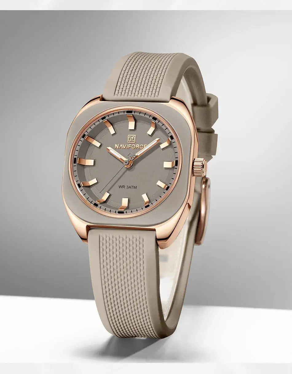 Naviforce women's silicone watch with beige strap and rose-gold case