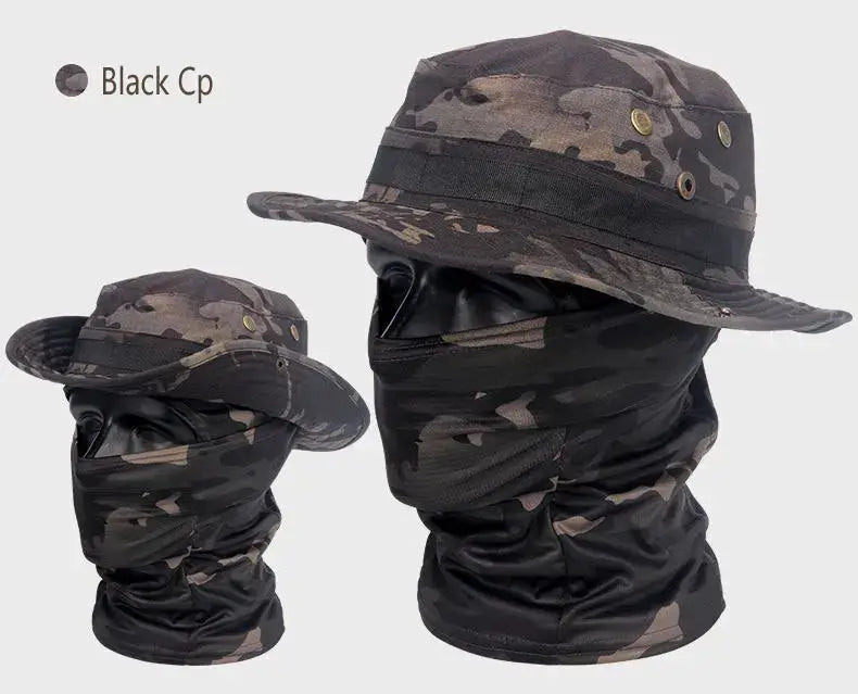 Boonie hat with neck gaiter from Simples Market, camouflage, adjustable, UV protective; two shown.