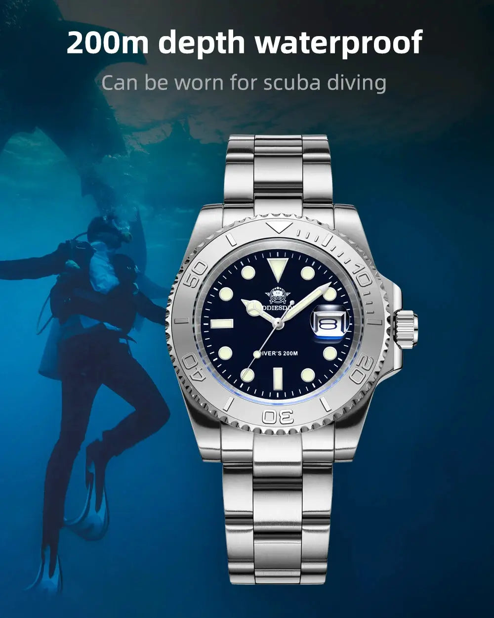 ADDIESIDVE men's stainless steel 200m diver watch with blue dial, luminous markers, date window, and rotating bezel