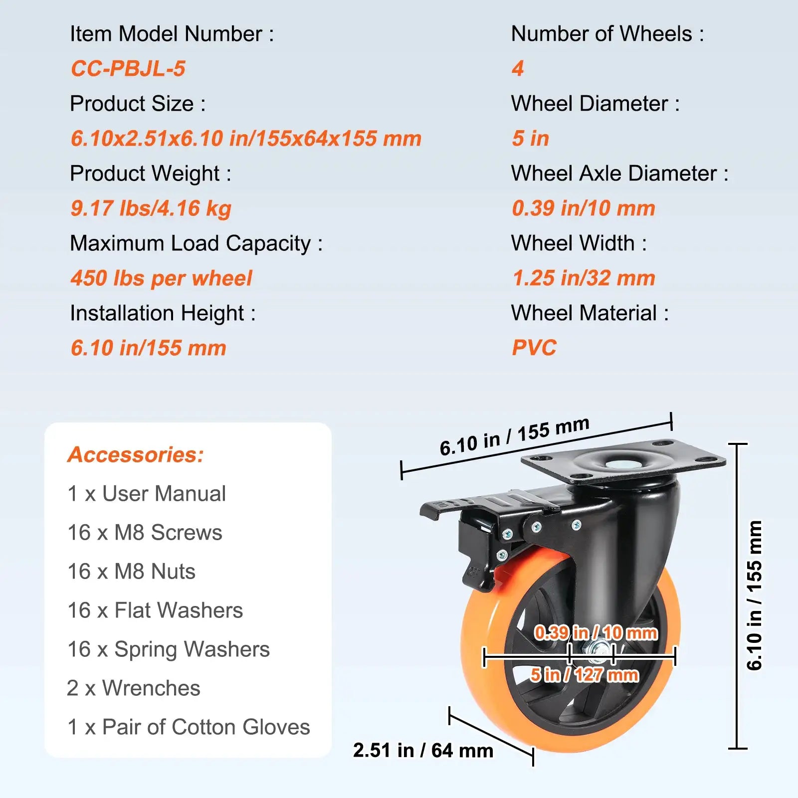SucceBuy 2 to 6 Inch PVC Caster Wheels Set of 4 Swivel Plate Casters with AB Lock Non-Marking for Carts and Workbenches