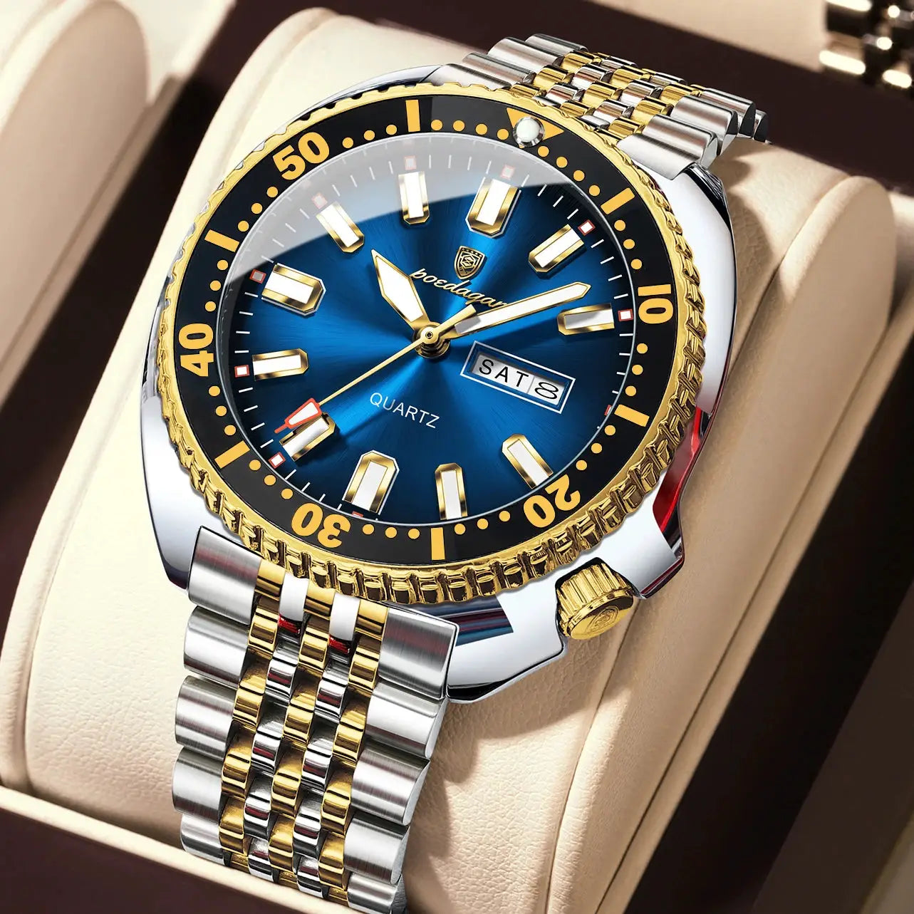 POEDAGAR luxury men's wristwatch with blue dial, date display, and two-tone gold–silver stainless steel bracelet.
