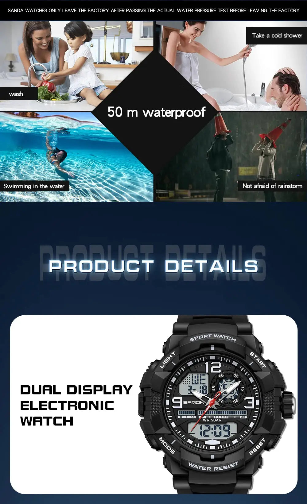 SANDA 6130 dual-display men's sport watch, black, water resistant with LED digital display