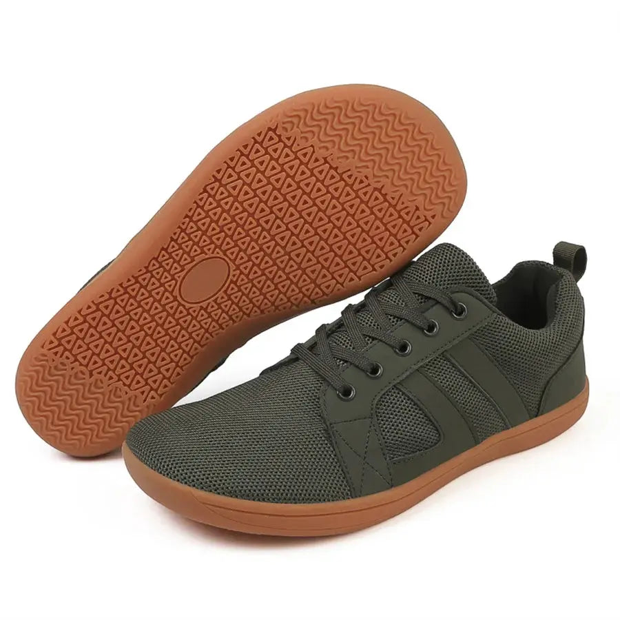 Pair of olive-green wide-toed casual athletic shoes with mesh upper and brown gum sole