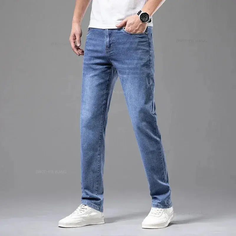 Men's blue denim jeans with elastic waist, straight leg, cotton casual pants