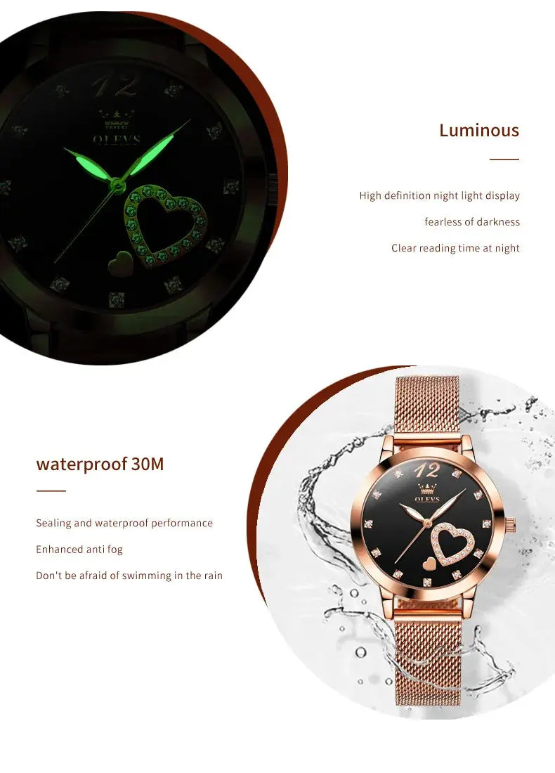 Two OLEVS women's quartz watches with black dial and rose-gold mesh strap; heart motif, 30M waterproof, luminous hands.