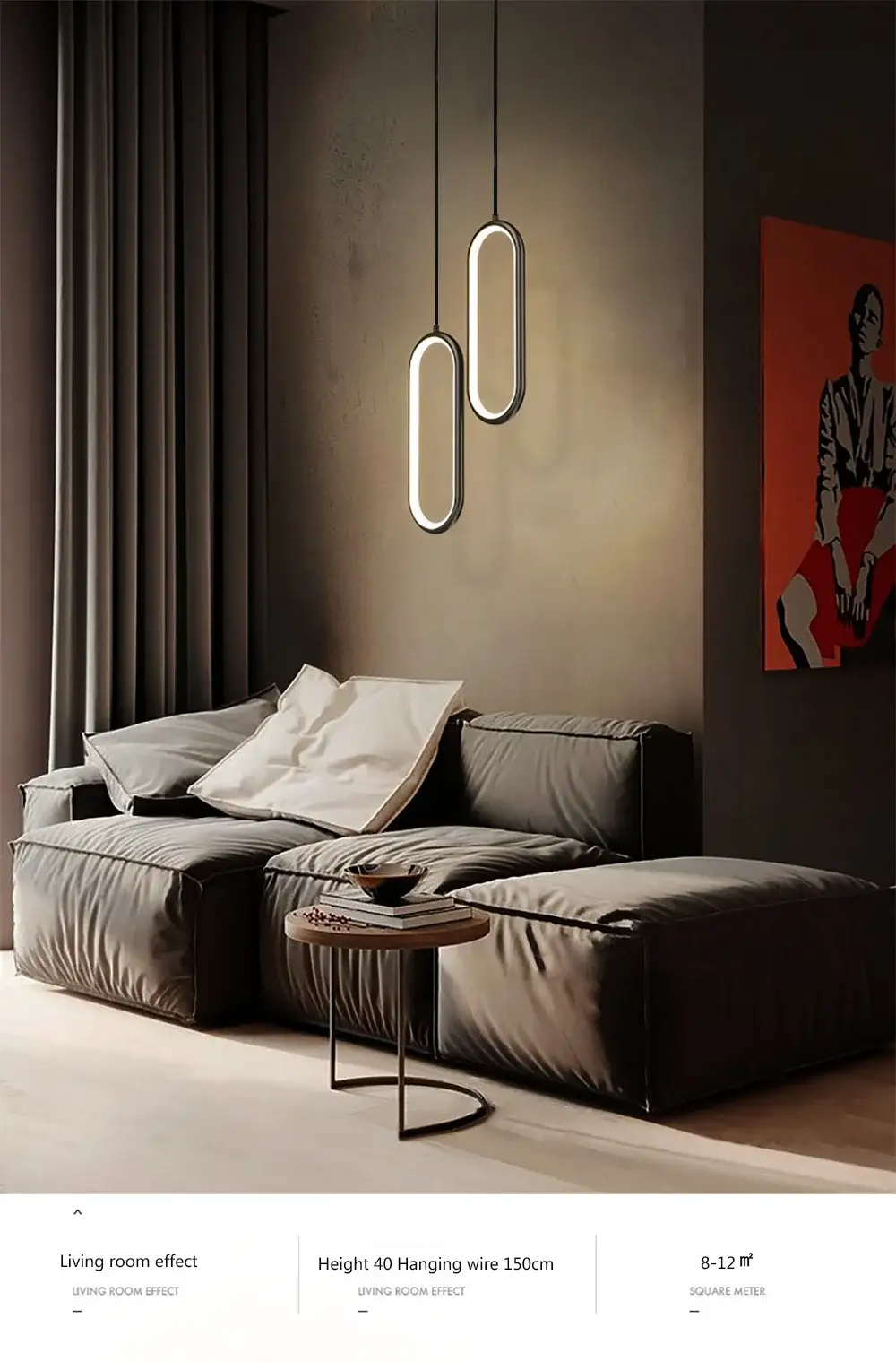 Modern minimalist LED pendant light chandelier, gold and black, two oval hanging lamps over a living room sofa
