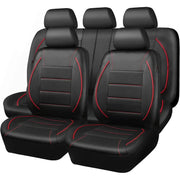 Simples Market universal leather car seat covers for two front seats of a 5-seat car, black with red stitching.