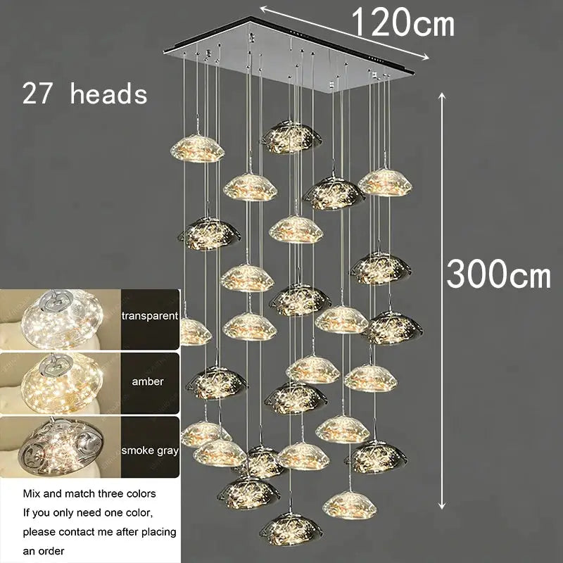 Pendant chandelier by Simples Market; 27 glass hanging domes in transparent, amber or smoke gray