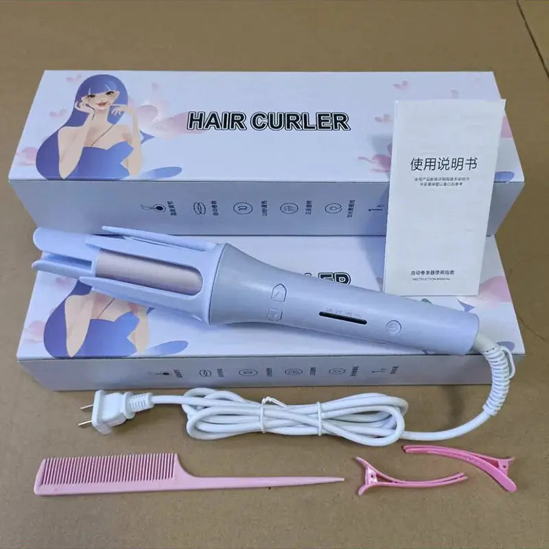 New Anion Automatic Hair Curler in lavender with power cord, pink comb, and two pink clips.