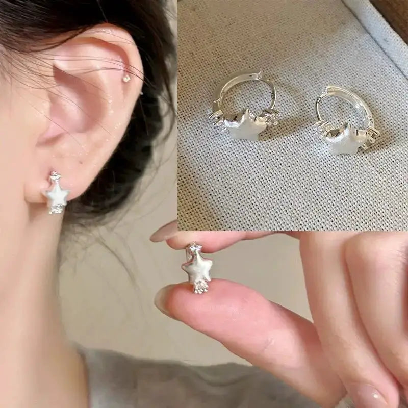 925 Sterling Silver Star Hoop Earrings For Women And Girls Trendy Original Hip Hop Style Jewelry Gift