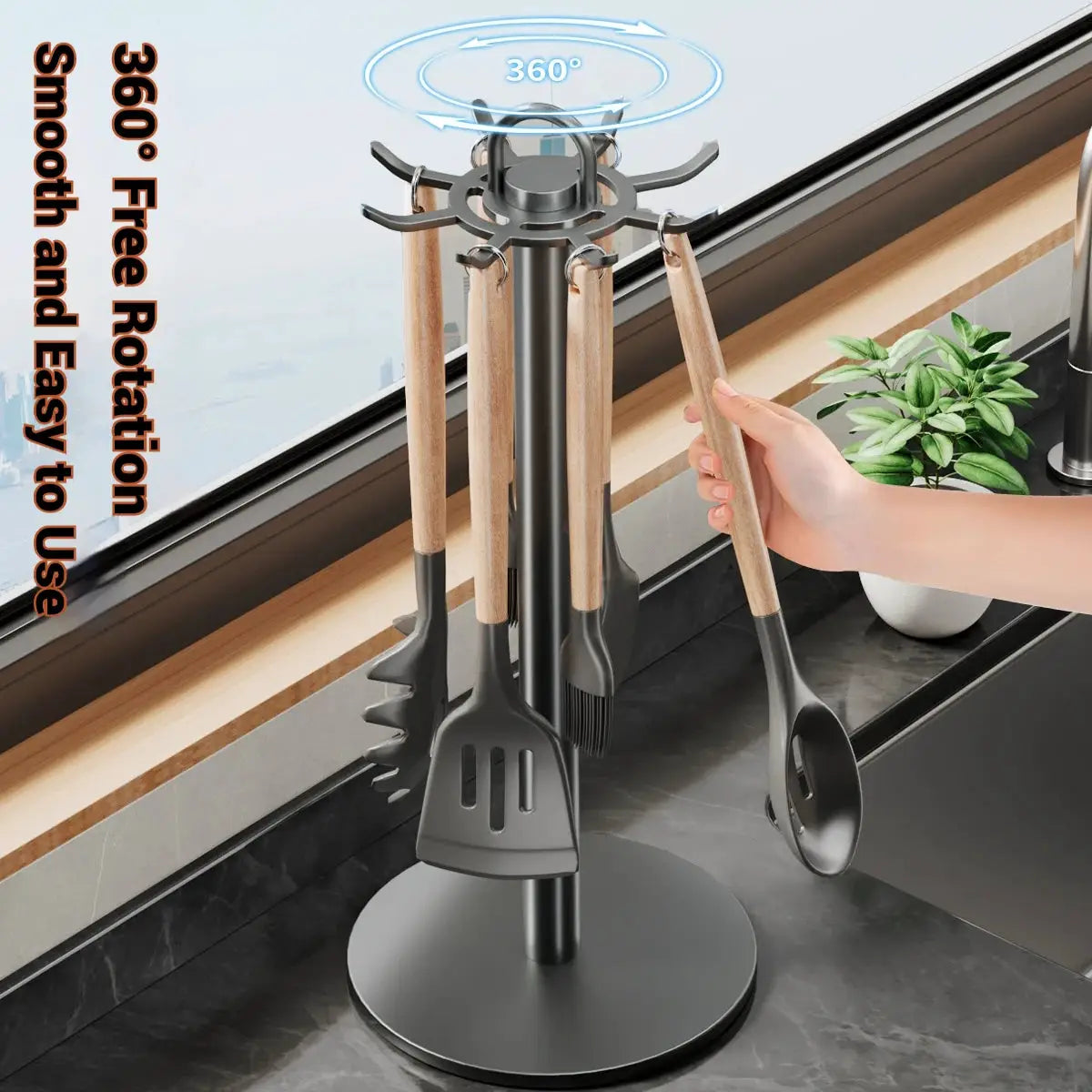 ChefNest Rotating Utensil Stand With Eight Hooks For 360 Degree Rotation And Space Saving Countertop Organizer