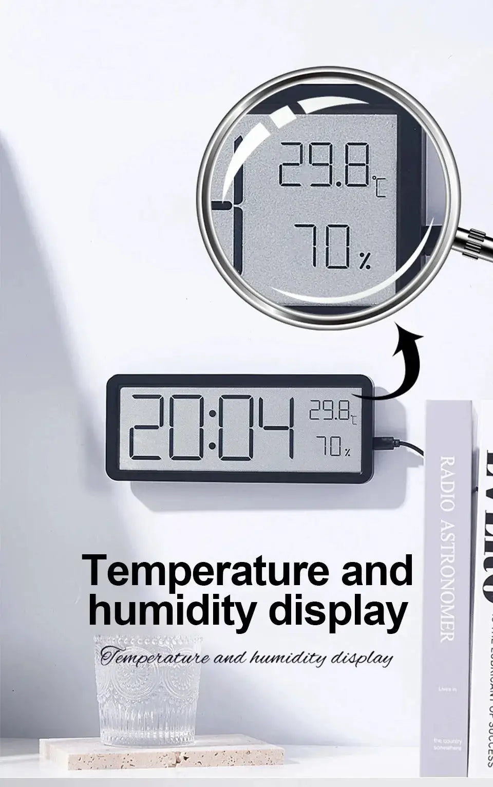 Simples Market black-framed LCD digital clock with time, 29.8°C and 70% humidity, battery powered