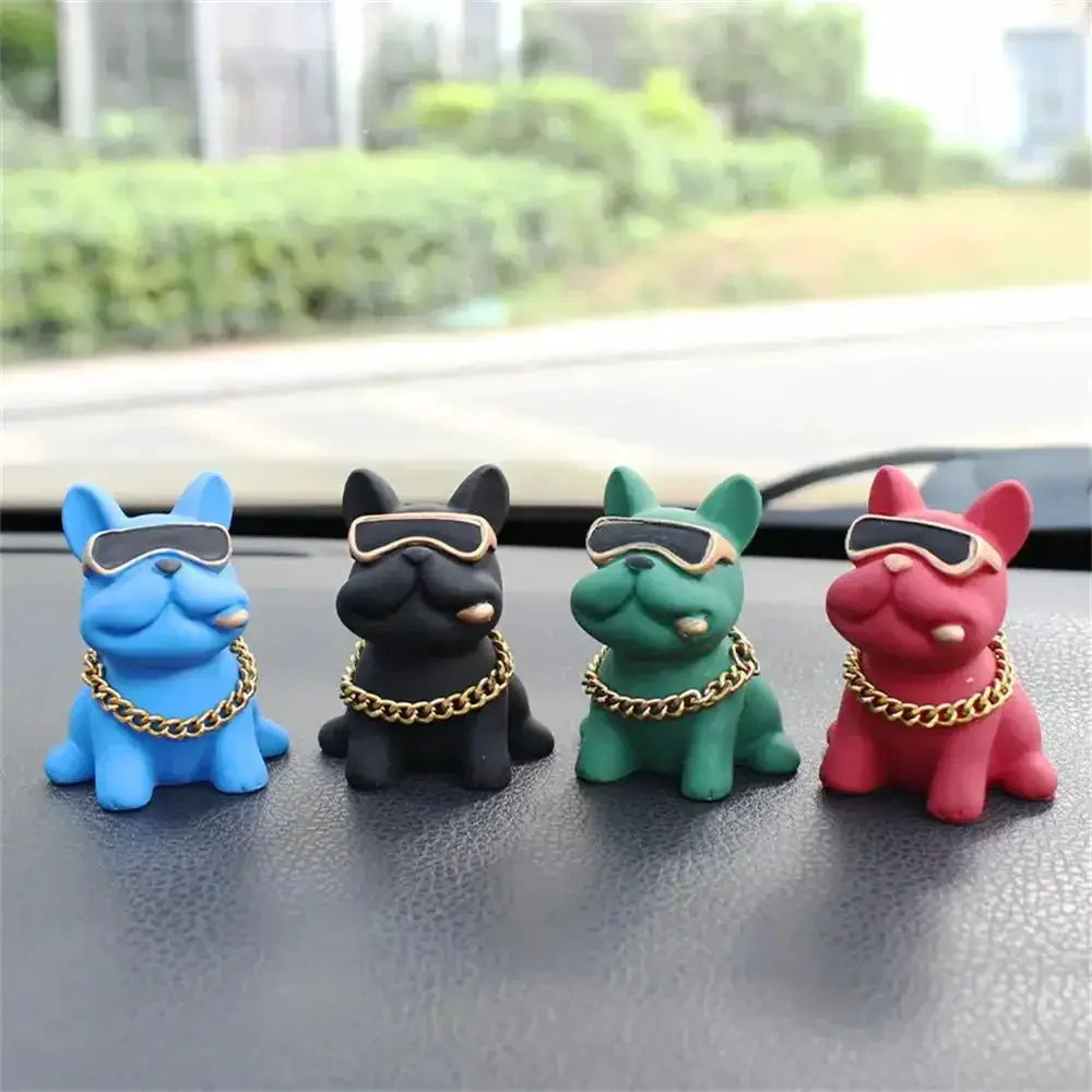 Bulldog car ornaments set by Simples Market in blue, black, green, and pink with sunglasses and gold chains