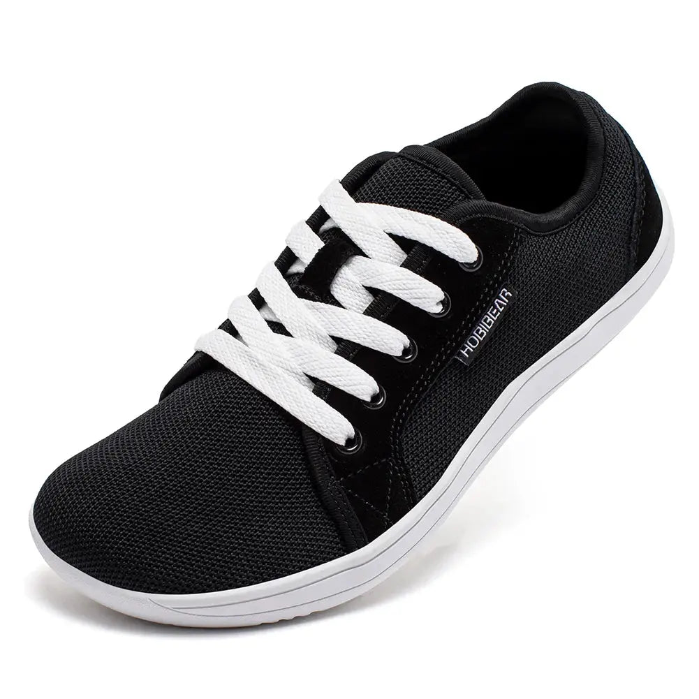 HOBIBEAR wide barefoot shoes, black mesh upper with white laces, unisex outdoor minimalist sneakers