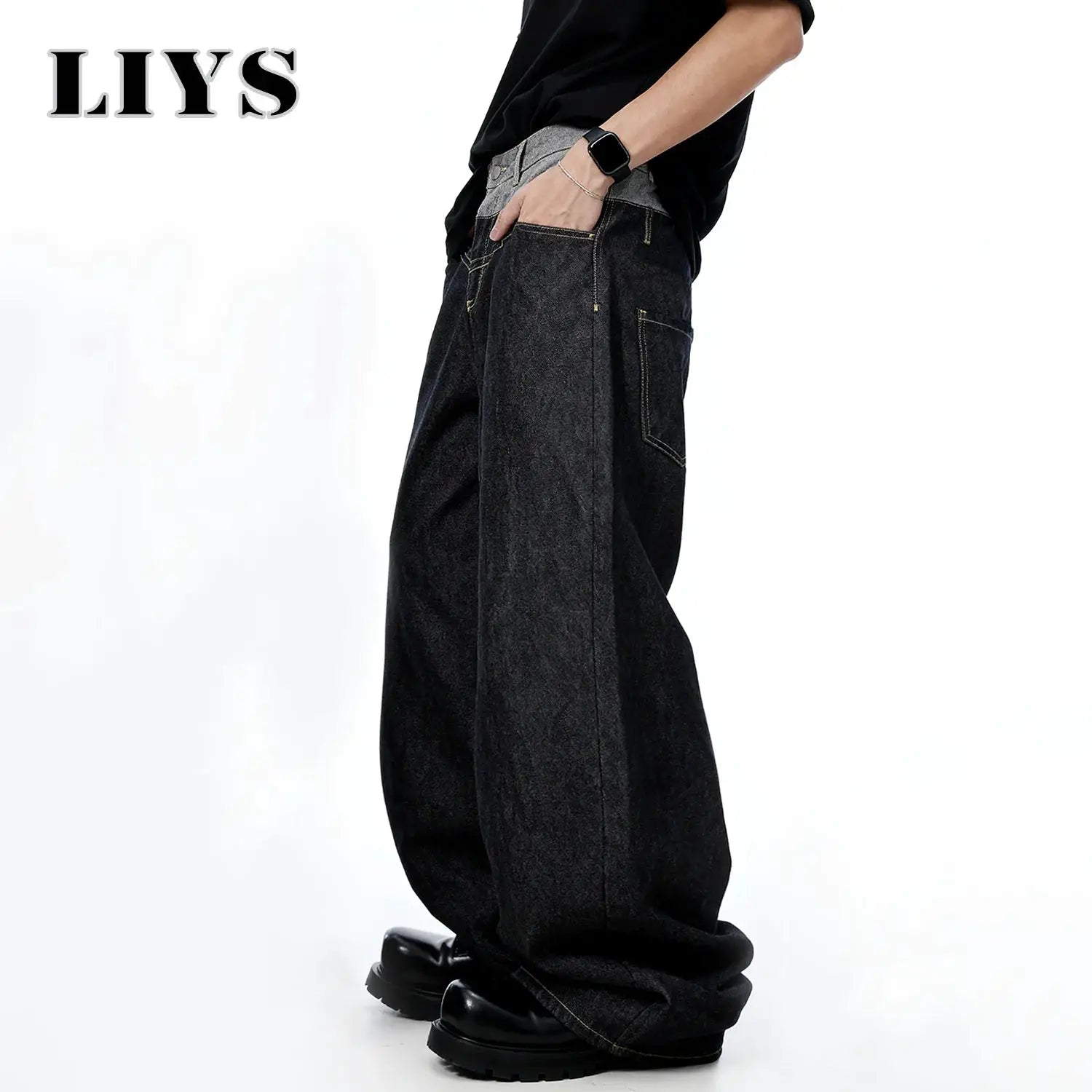 LIYS men's retro baggy denim jeans with wide legs and double waist design, dark wash.