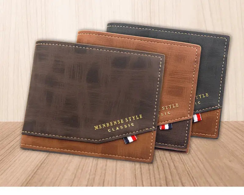 Set of 4 men's frosted leather slim wallets with coin pocket and photo holder in brown, tan, and black