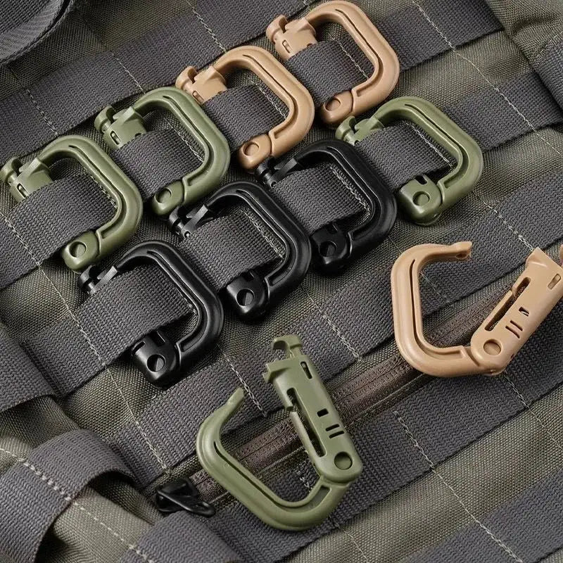 Tactical Grimlock locking D-ring carabiners for MOLLE webbing; assorted green, black, and tan plastic clips