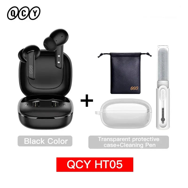 QCY HT05 wireless earbuds in black with charging case; includes transparent protective case and cleaning pen