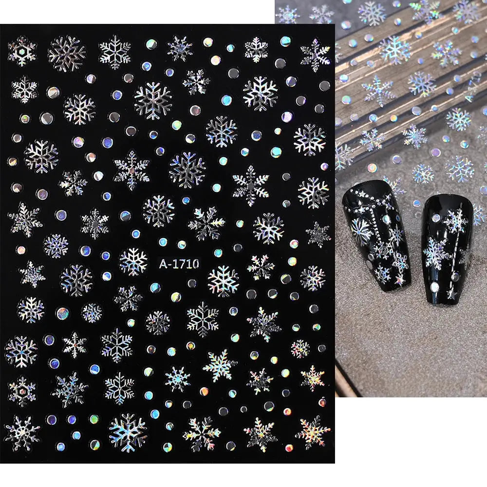 Winter nail sticker sheet with holographic silver snowflakes and dots on black background; two nail examples shown.