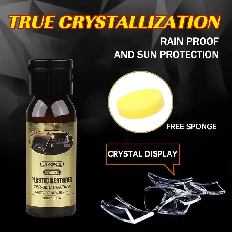 Car plastic restorer ceramic coating bottle with yellow label and black cap; includes free sponge and crystal display