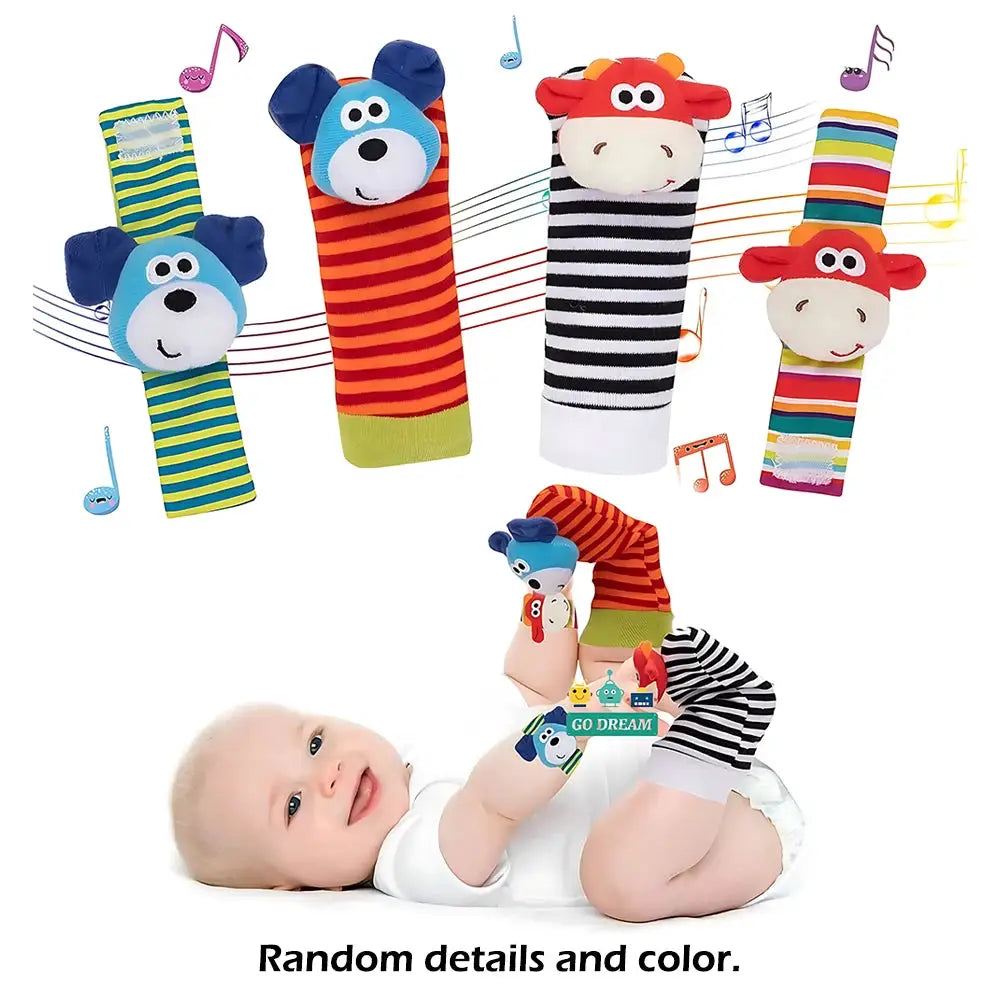 4 Piece Baby Rattle Toys Set Cute Stuffed Animals Wrist Rattles Foot Finder Socks 0 To 24 Months Gift For Infant