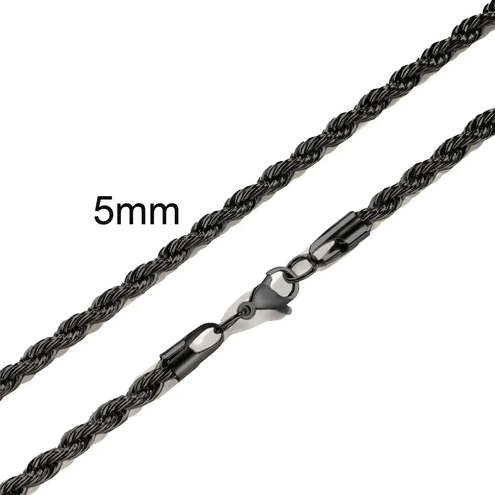 Rope chain necklace, black stainless steel, 5mm width with lobster clasp, 16-36 inch length