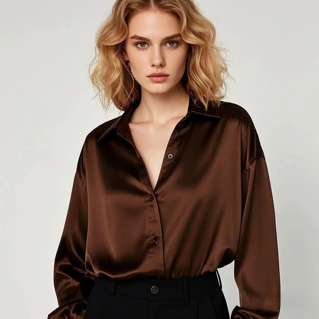 Satin blouse for women, brown, Simples Market, collared, relaxed fit