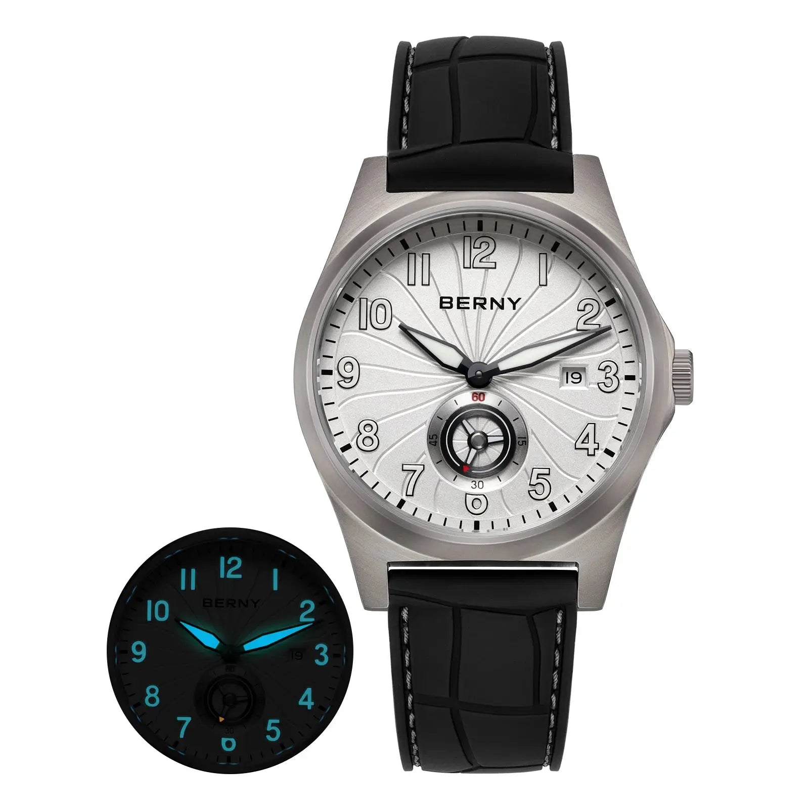 BERNY full titanium automatic men’s watch with silver dial and black rubber strap; two watches shown, glow dial variant.