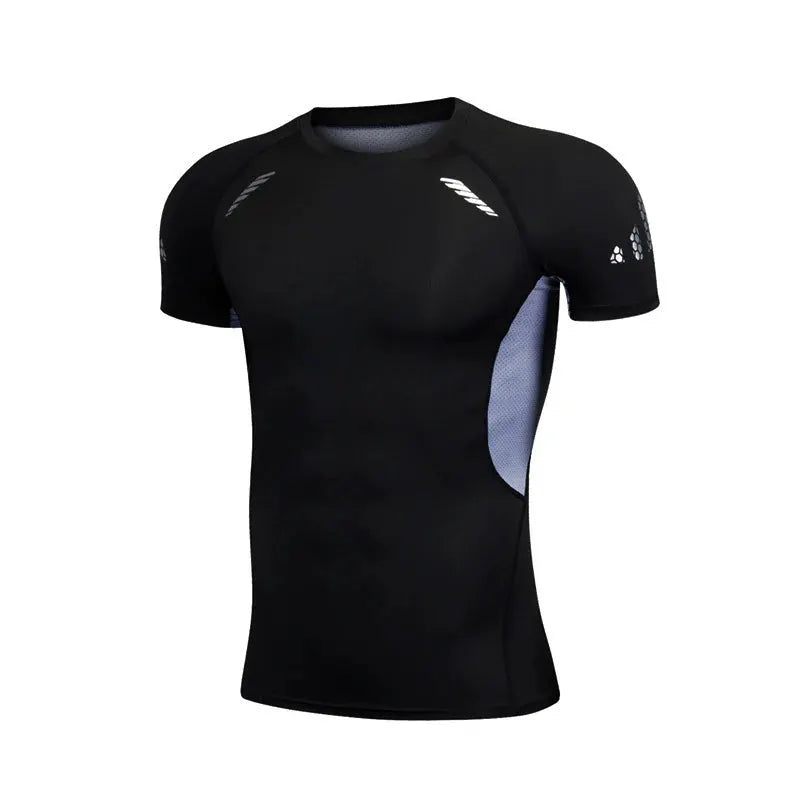 Men's running compression T-shirt by Simples Market, black with gray side panels, breathable athletic top