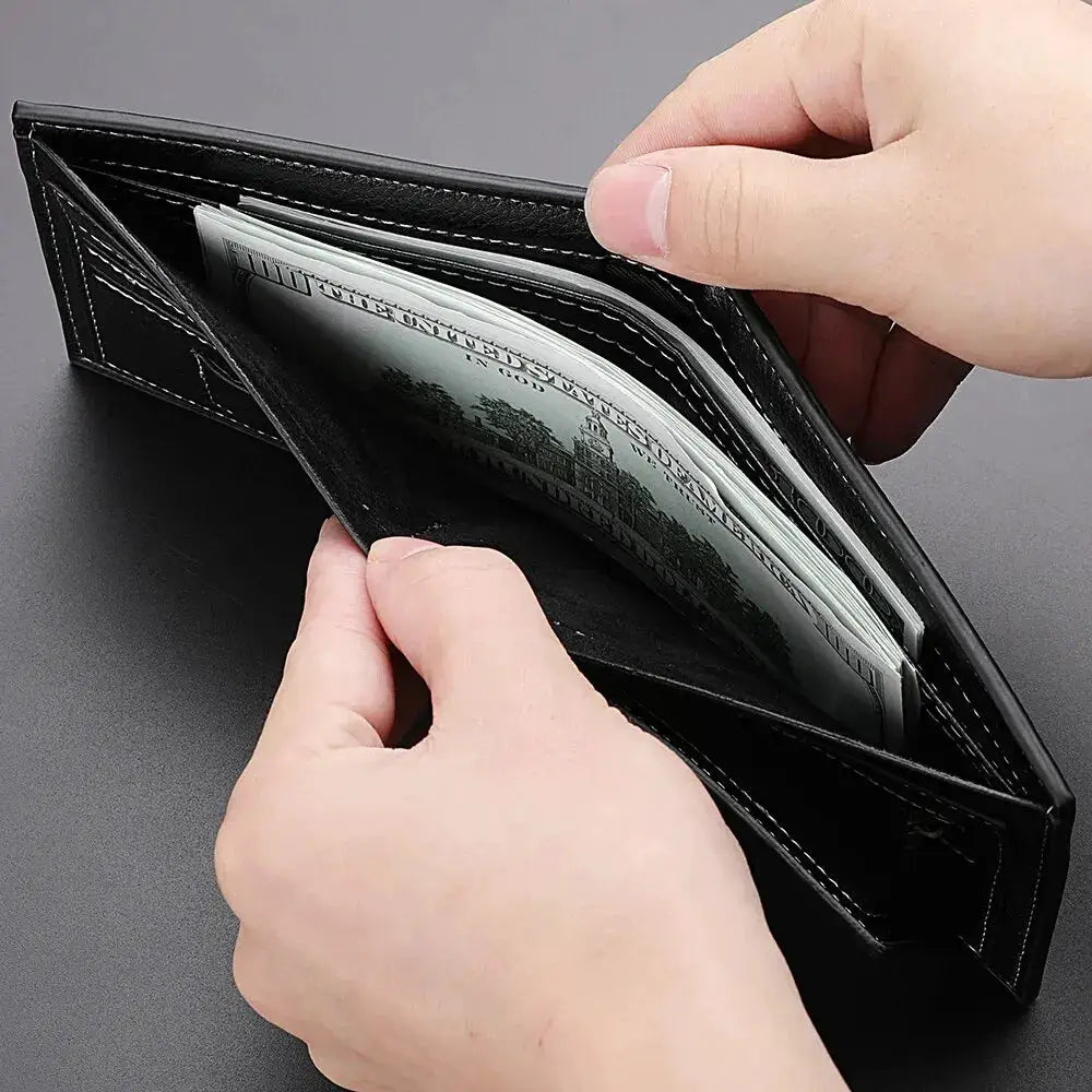 Men's black leather short wallet with card slots and bill compartments