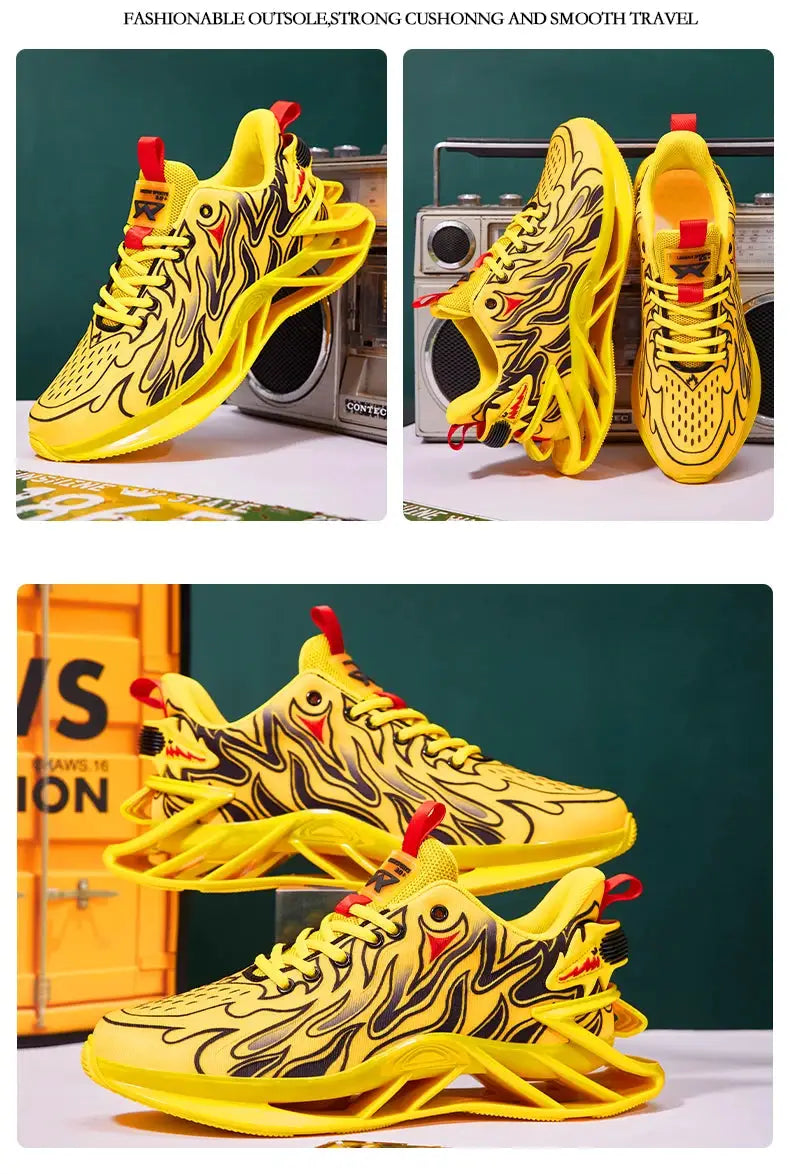 Men's sneakers in yellow flame-pattern with red pull tabs and bold sculpted sole