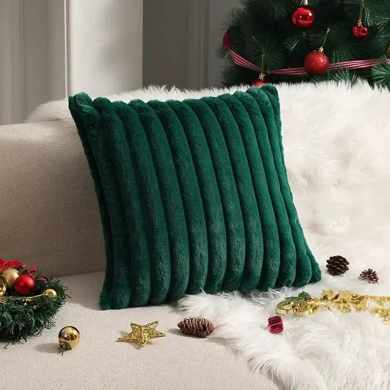 Faux rabbit fur cushion cover emerald green ribbed striped plush for sofa
