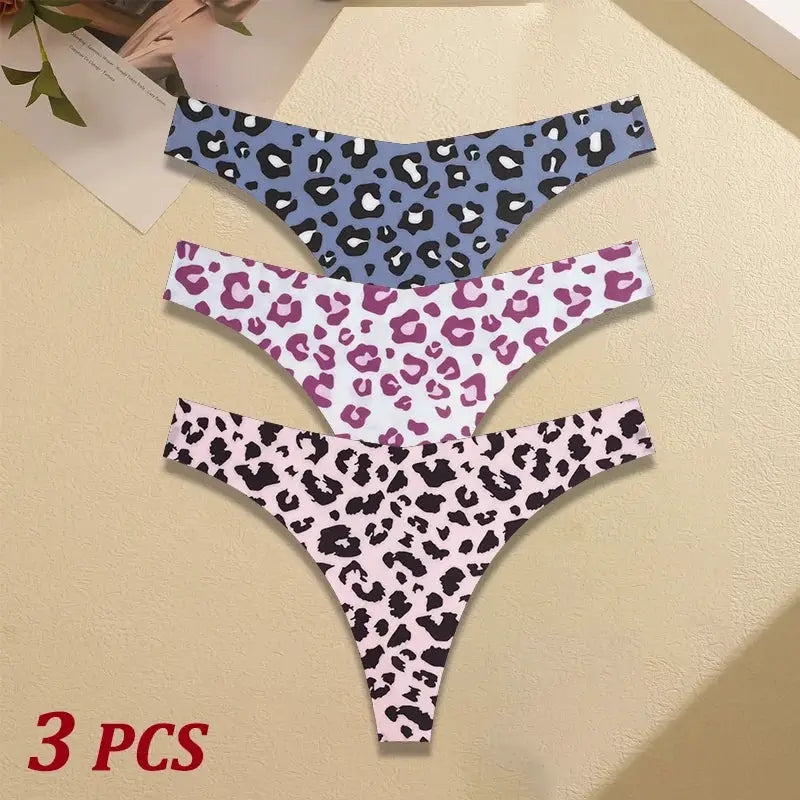 3-pack women's seamless leopard-print thongs, ultra-thin underwear in blue, white with purple, and pink