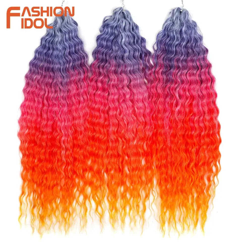 Ariel Curl Water Wave Crochet Hair extensions, ombre purple to orange, 22in deep wave braids, 3 bundles, Fashion Idol