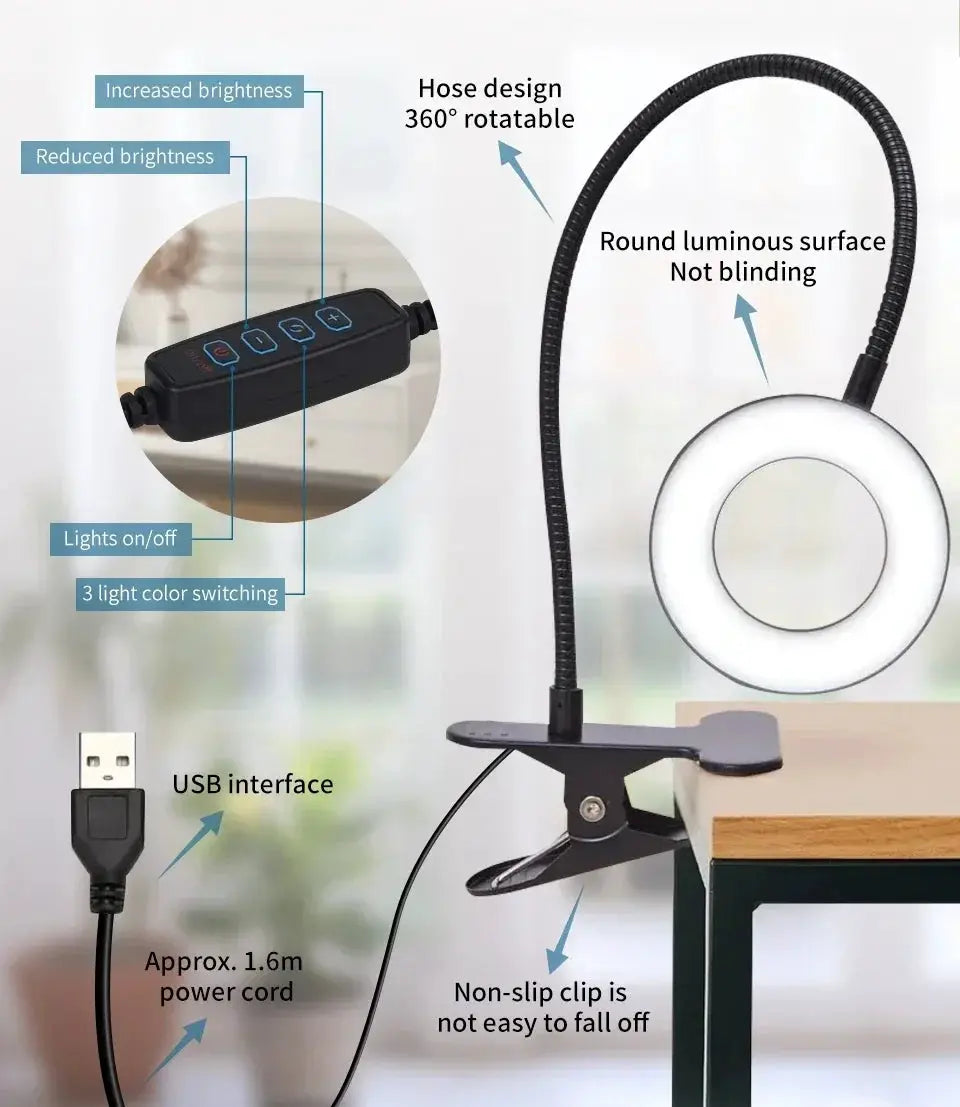 Simples Market black USB desk clip lamp with flexible gooseneck and circular ring light