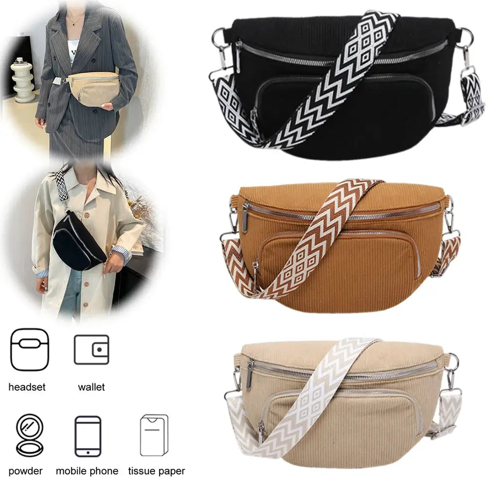 Corduroy chest bag set by Simples Market with chevron strap; black, brown, and beige multi-pocket waist bags for travel