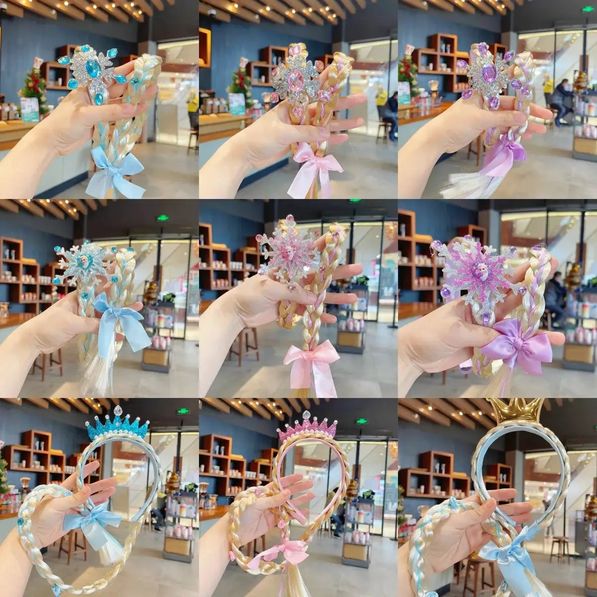 12pc set of Simples Market Elsa crown headbands with braided ribbons and bows in pastel blue, pink, purple