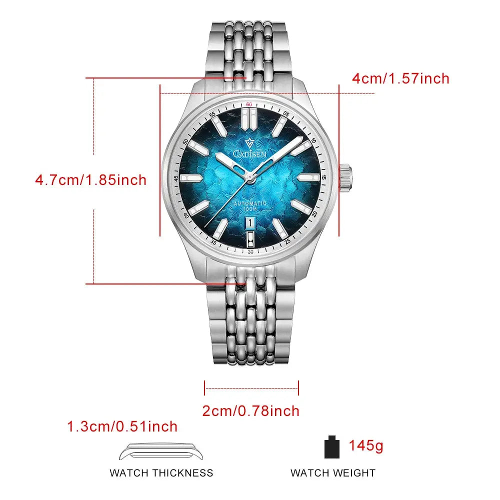 CADISEN 2026 automatic mechanical men's watch with blue dial and stainless steel bracelet, 10ATM water resistance