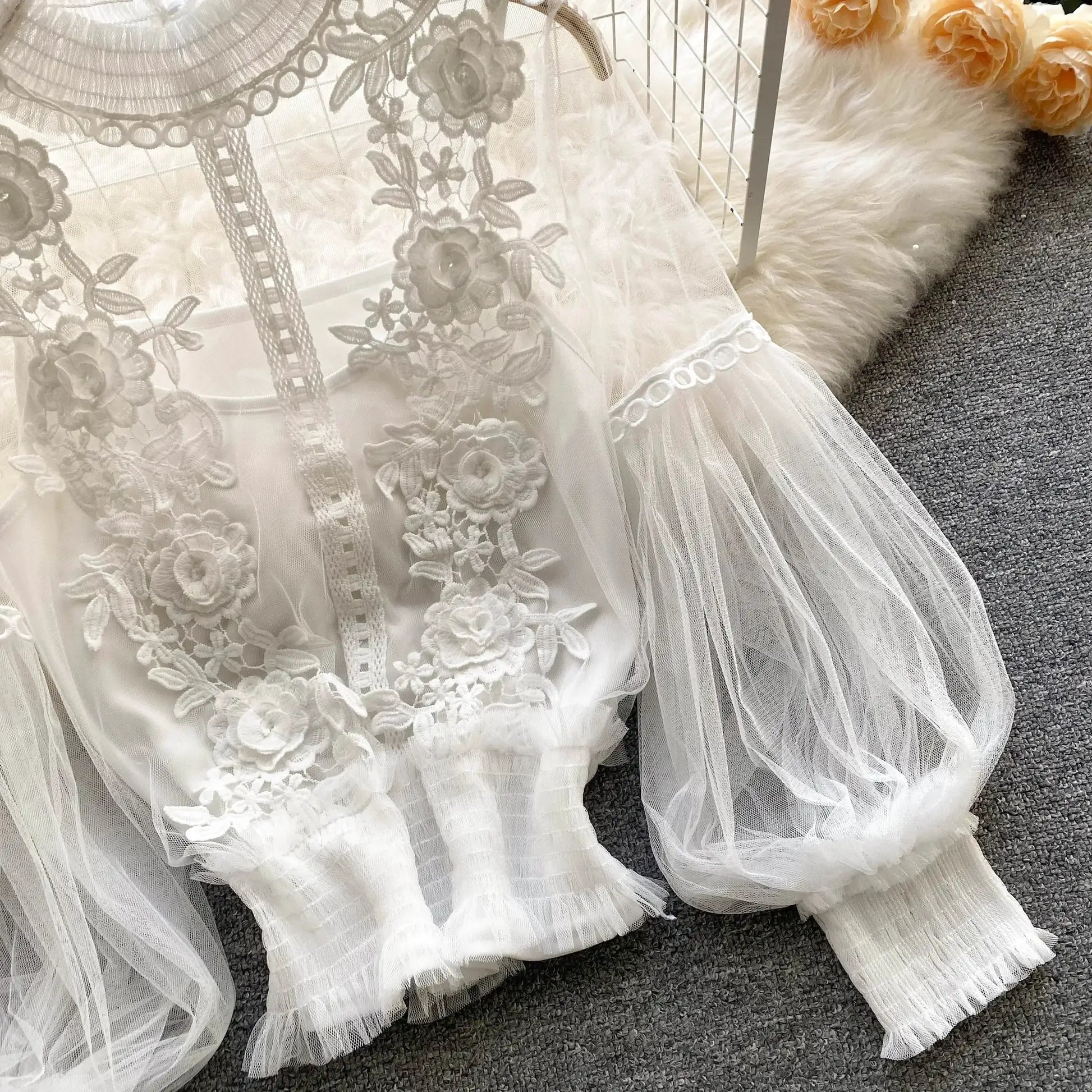 Lace puff long sleeve blouse in white with floral embroidery and sheer tulle sleeves, Simples Market