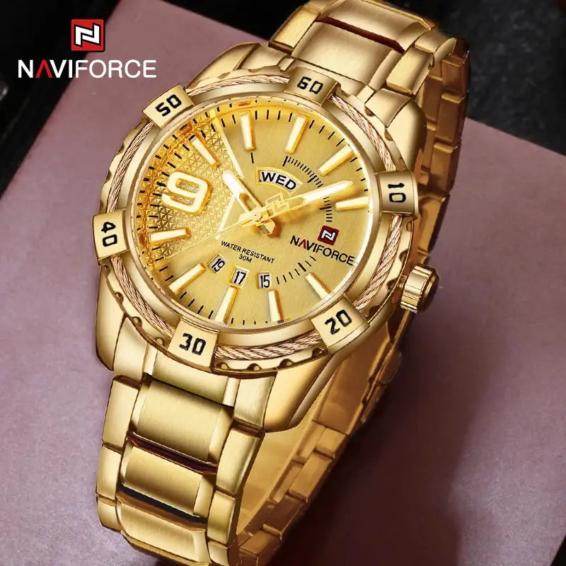 Gold NAVIFORCE men's wristwatch with stainless steel band