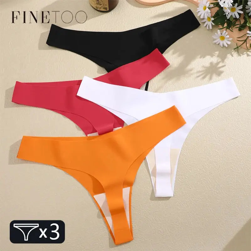FINETOO women's ice silk seamless thong set, 3-pack, low-rise G-strings in black red white orange