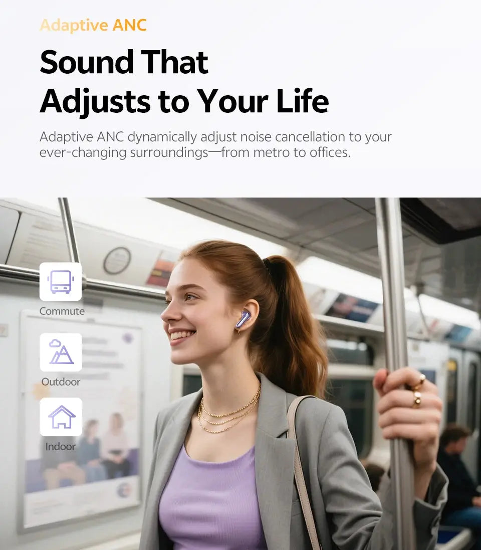 QCY MeloBuds N70 wireless in-ear earbuds blue worn by a woman on a subway.