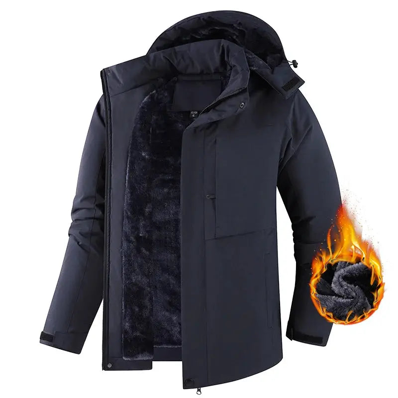 Winter parka jacket for men, navy, waterproof with hood and plush fleece lining