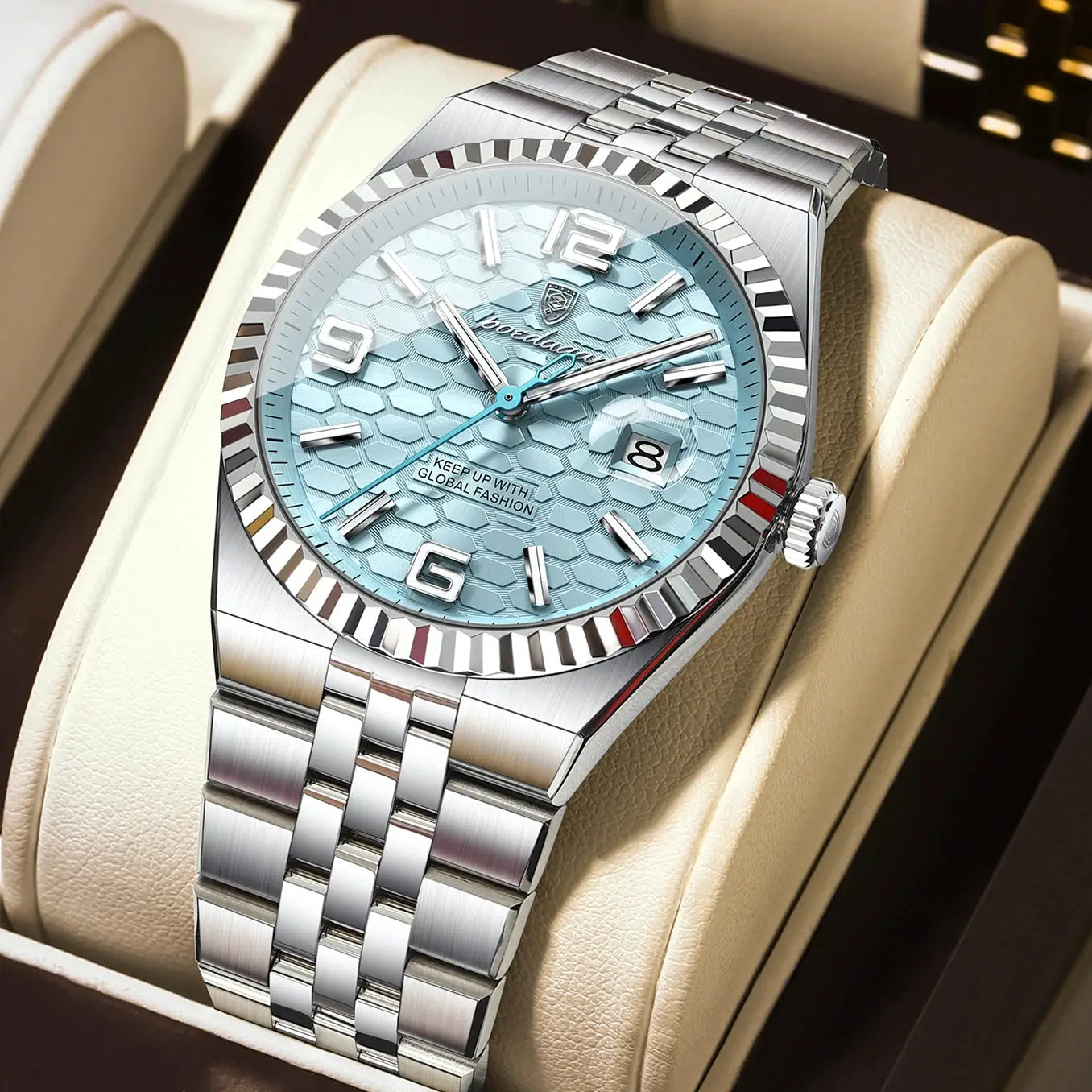 Men's stainless steel POEDAGAR watch with light blue honeycomb dial, date window, luminous hands, bracelet