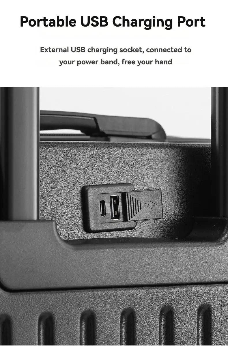 Carry-on luggage with external USB charging port, black exterior